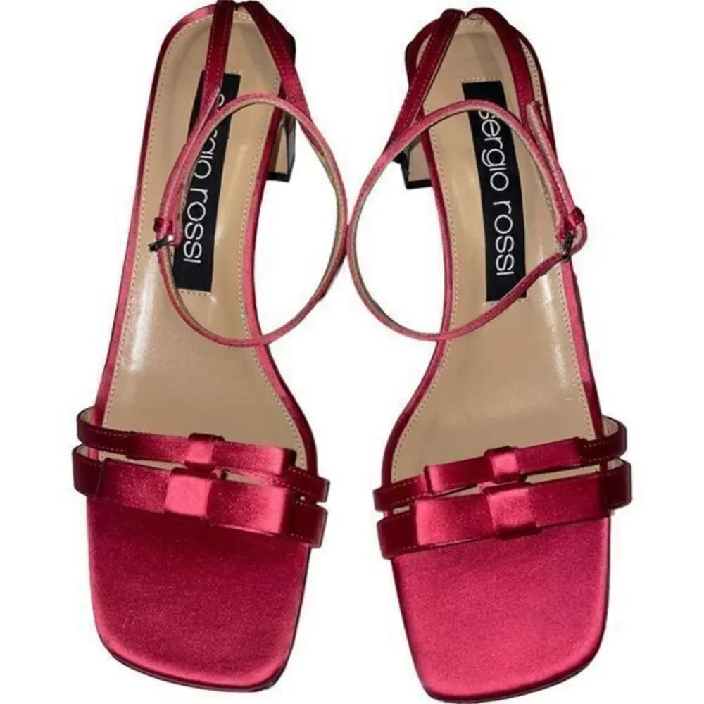 New Sergio Rossi Satin Bow Ankle Strap Block Heel Sandals Pink Size 39‎ EU 9 US